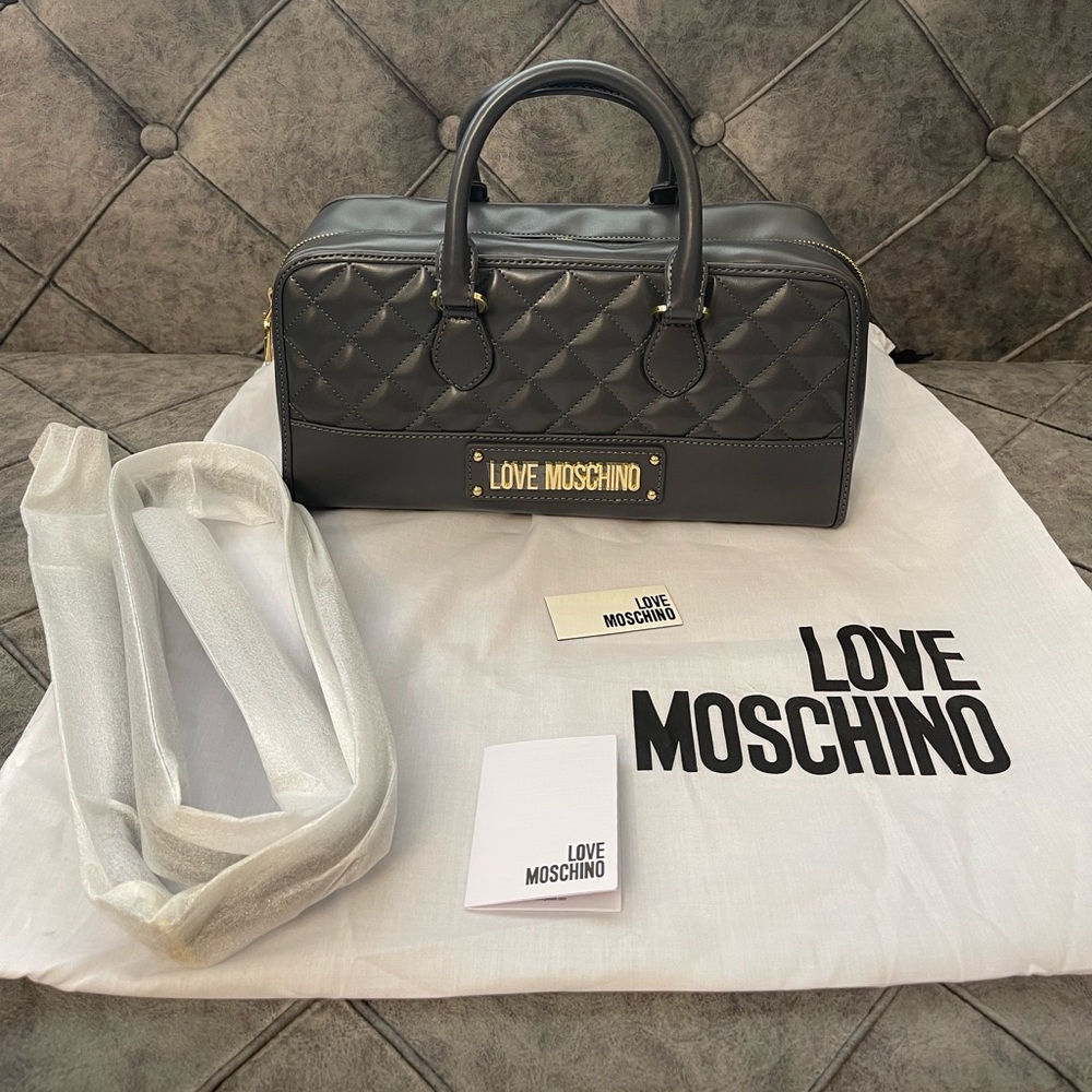 LOVE MOSCHINO Quilted Leather Top Handle Bag In Gray
